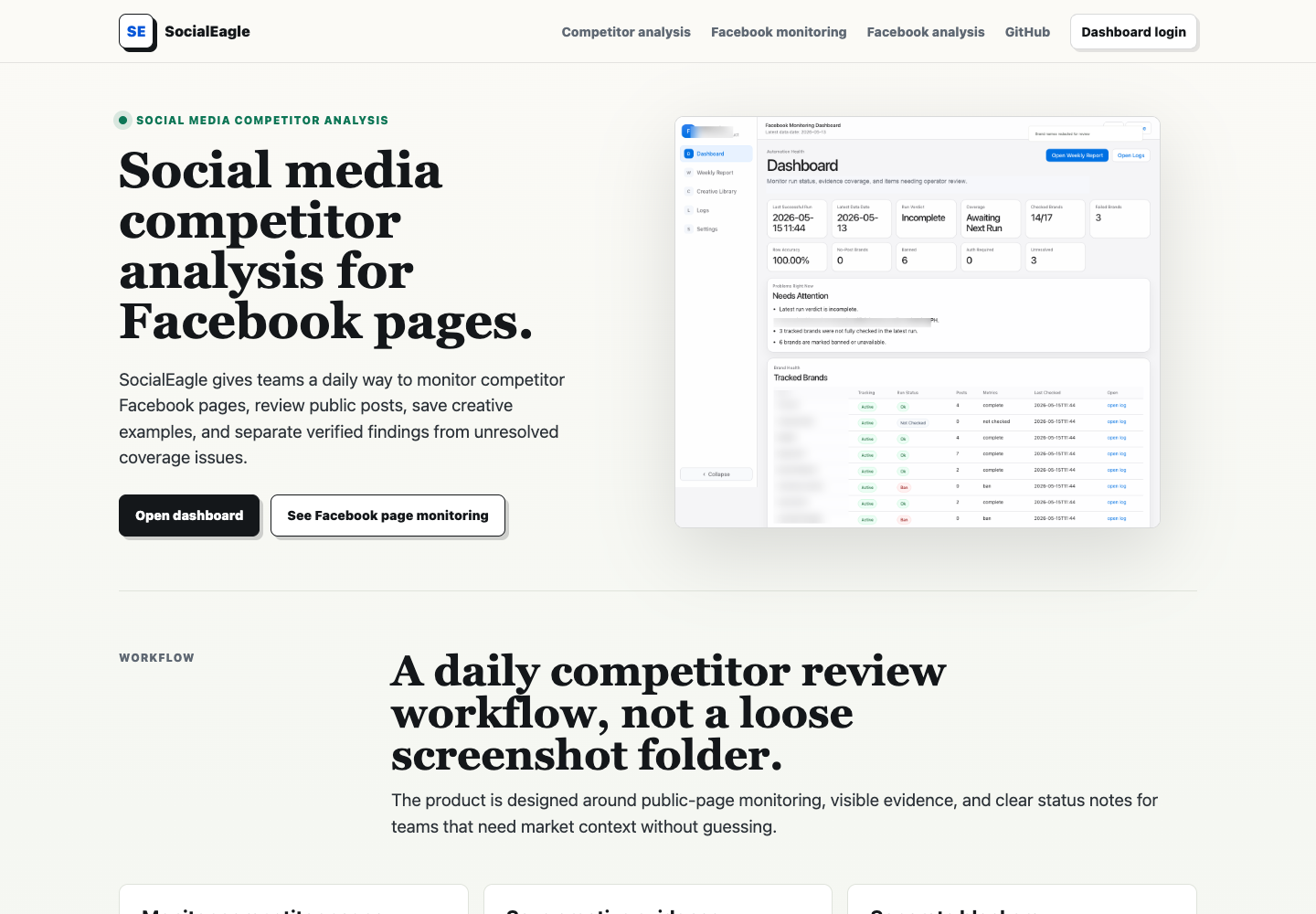 SocialEagle social media competitor analysis website screenshot